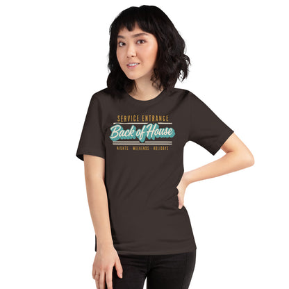 Line Cook Back of House retro diner service sign t-shirt — Brown, on model