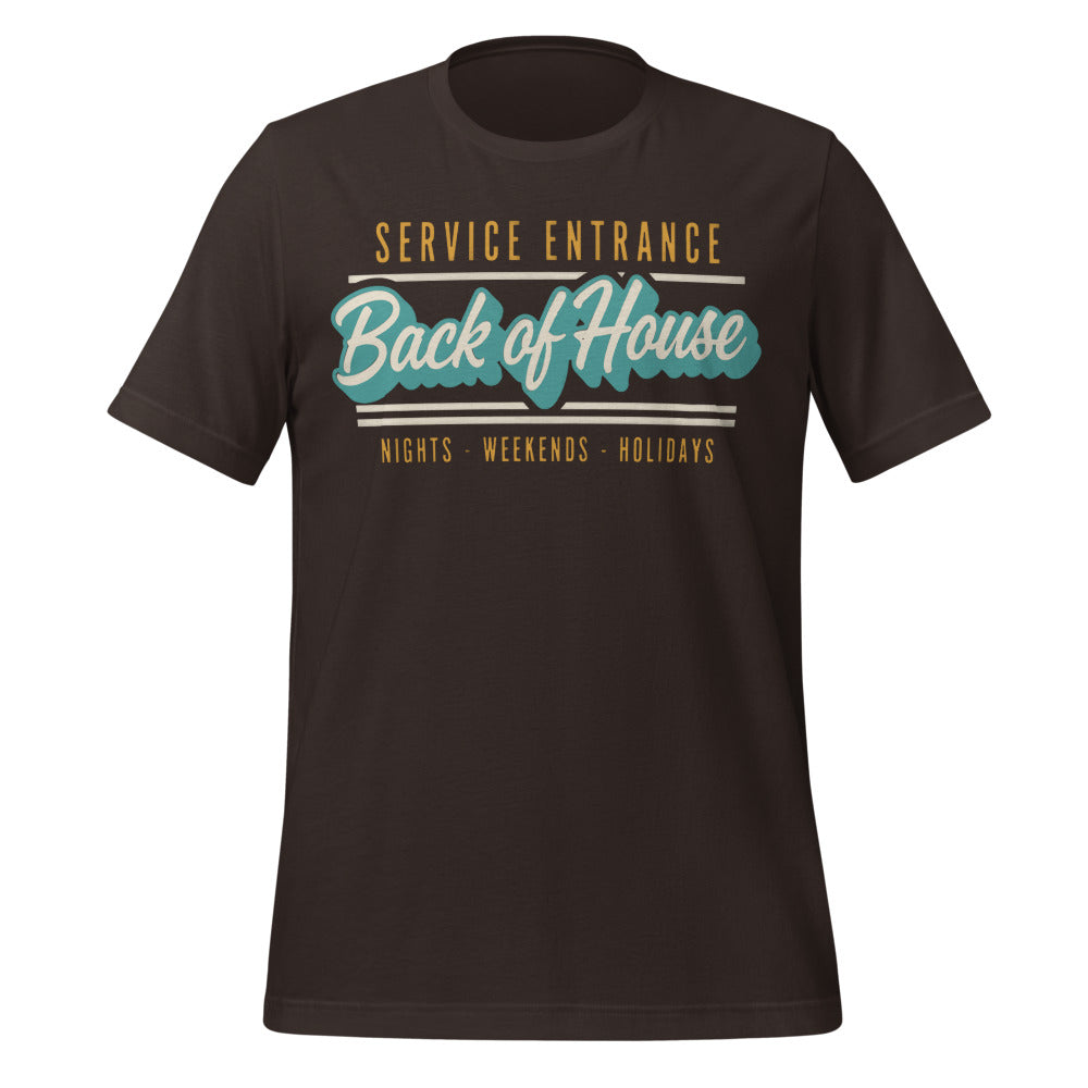 Line Cook Back of House retro diner service sign t-shirt — Brown, front