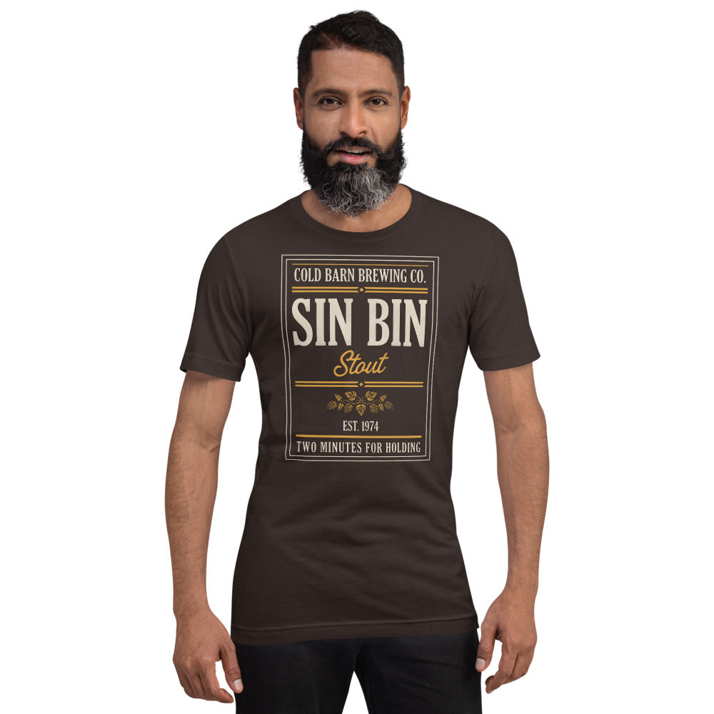 Beer League Sin Bin Stout brewery label t-shirt — Brown, on model