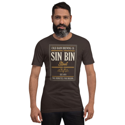 Beer League Sin Bin Stout brewery label t-shirt — Brown, on model