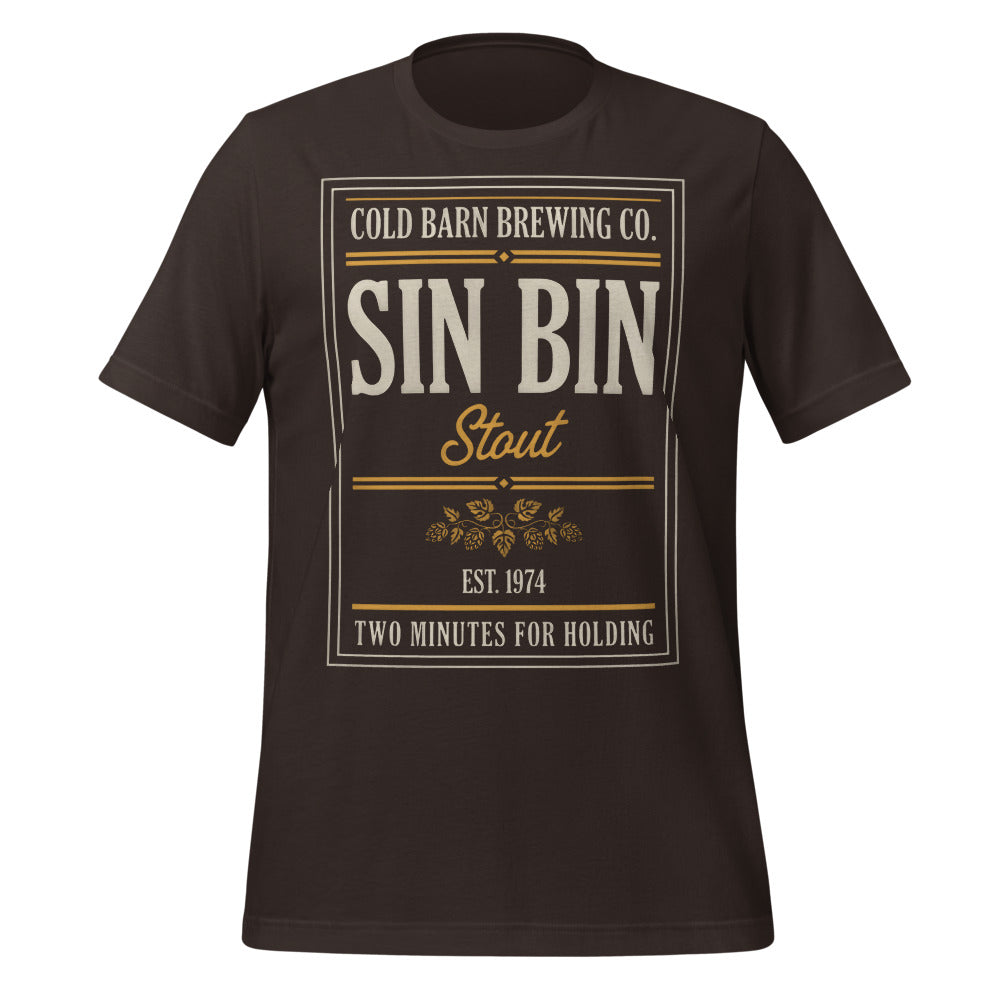 Beer League Sin Bin Stout brewery label t-shirt — Brown, front