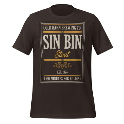 Beer League Sin Bin Stout brewery label t-shirt — Brown, front