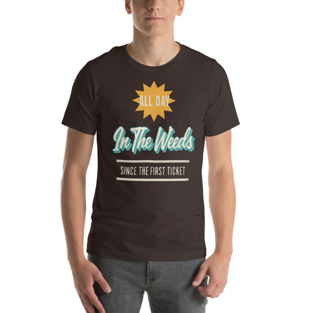 In The Weeds line cook retro diner service sign t-shirt — Brown, on model