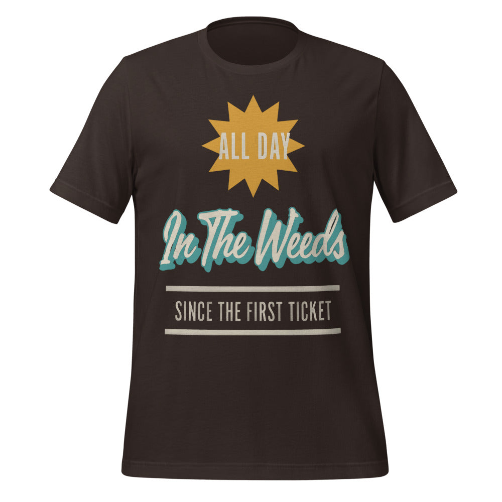 In The Weeds line cook retro diner service sign t-shirt — Brown, front