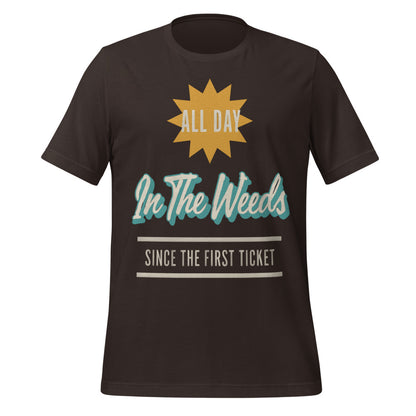 In The Weeds line cook retro diner service sign t-shirt — Brown, front