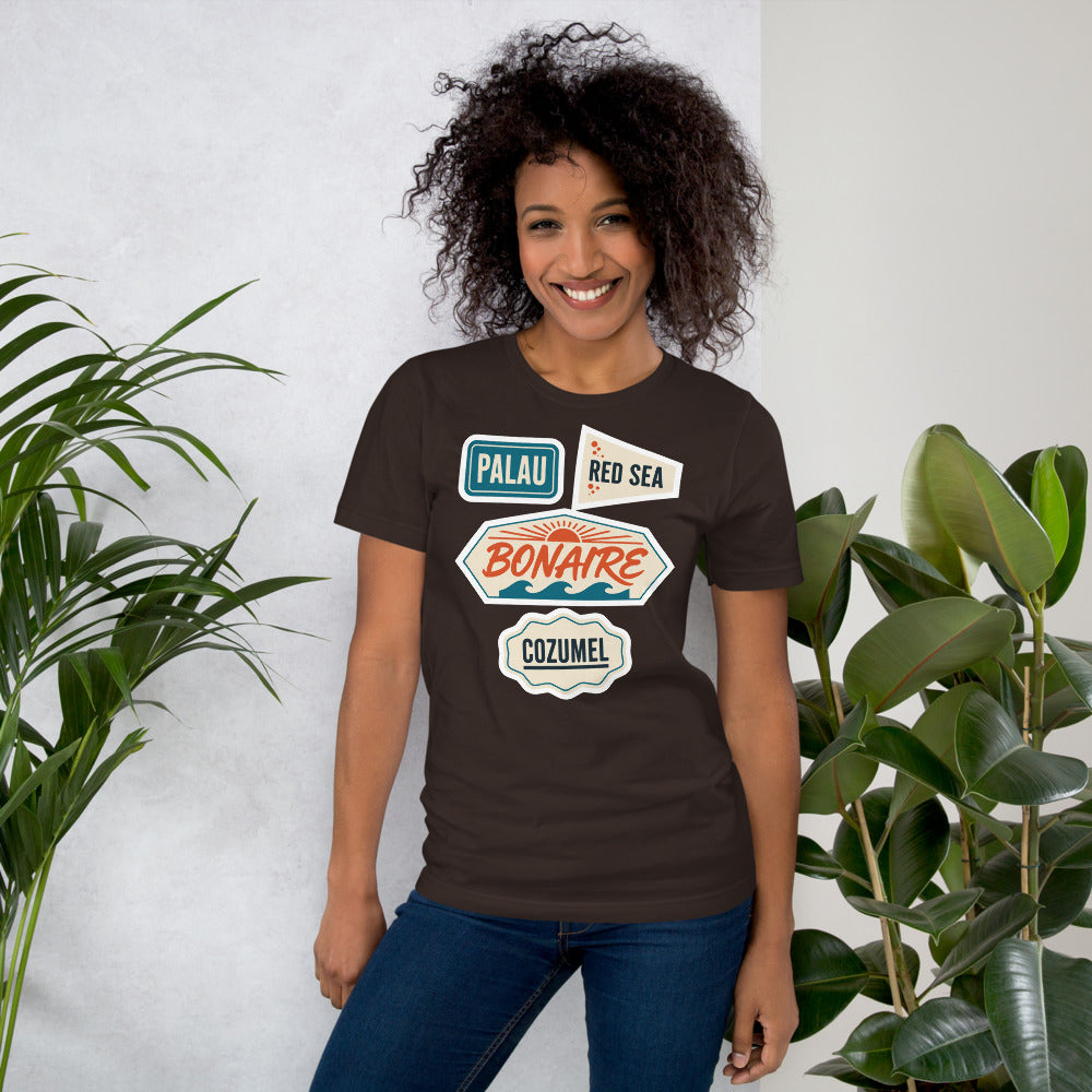 Vintage scuba diving dive sites travel decal t-shirt — Brown, on model