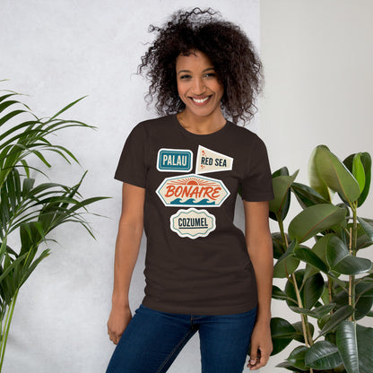 Vintage scuba diving dive sites travel decal t-shirt — Brown, on model
