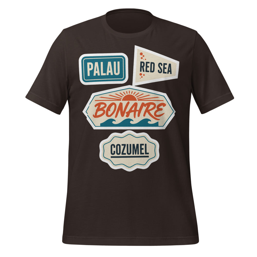 Vintage scuba diving dive sites travel decal t-shirt — Brown, front