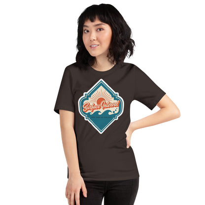 Surface Interval vintage scuba diving travel decal t-shirt — Brown, on model