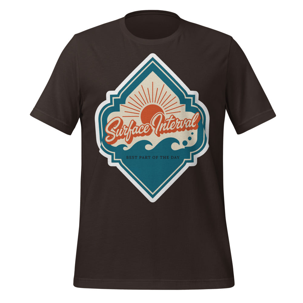 Surface Interval vintage scuba diving travel decal t-shirt — Brown, front