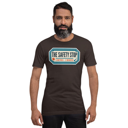 The Safety Stop vintage scuba diving travel decal t-shirt — Brown, on model