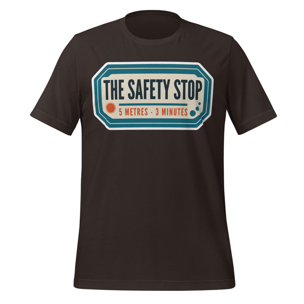The Safety Stop vintage scuba diving travel decal t-shirt — Brown, front