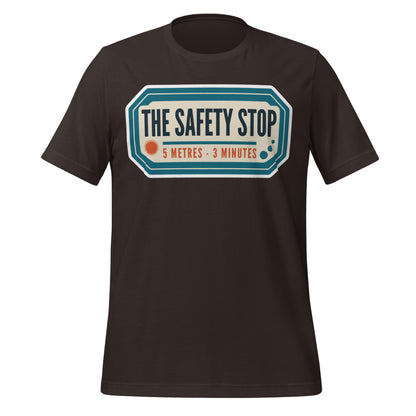 The Safety Stop vintage scuba diving travel decal t-shirt — Brown, front