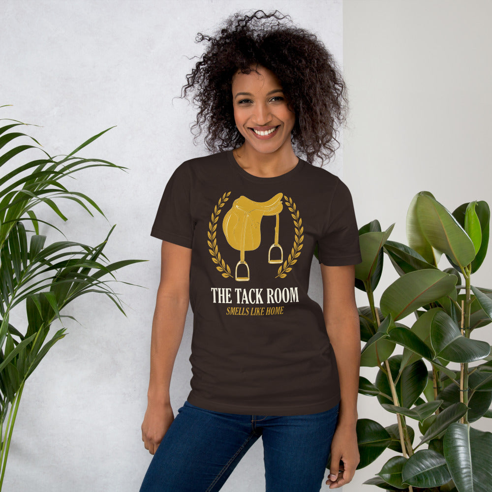 The Tack Room engraved equestrian saddle crest t-shirt — Brown, on model