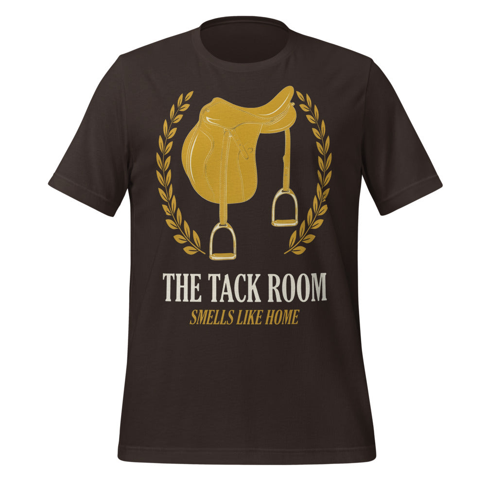 The Tack Room engraved equestrian saddle crest t-shirt — Brown, front