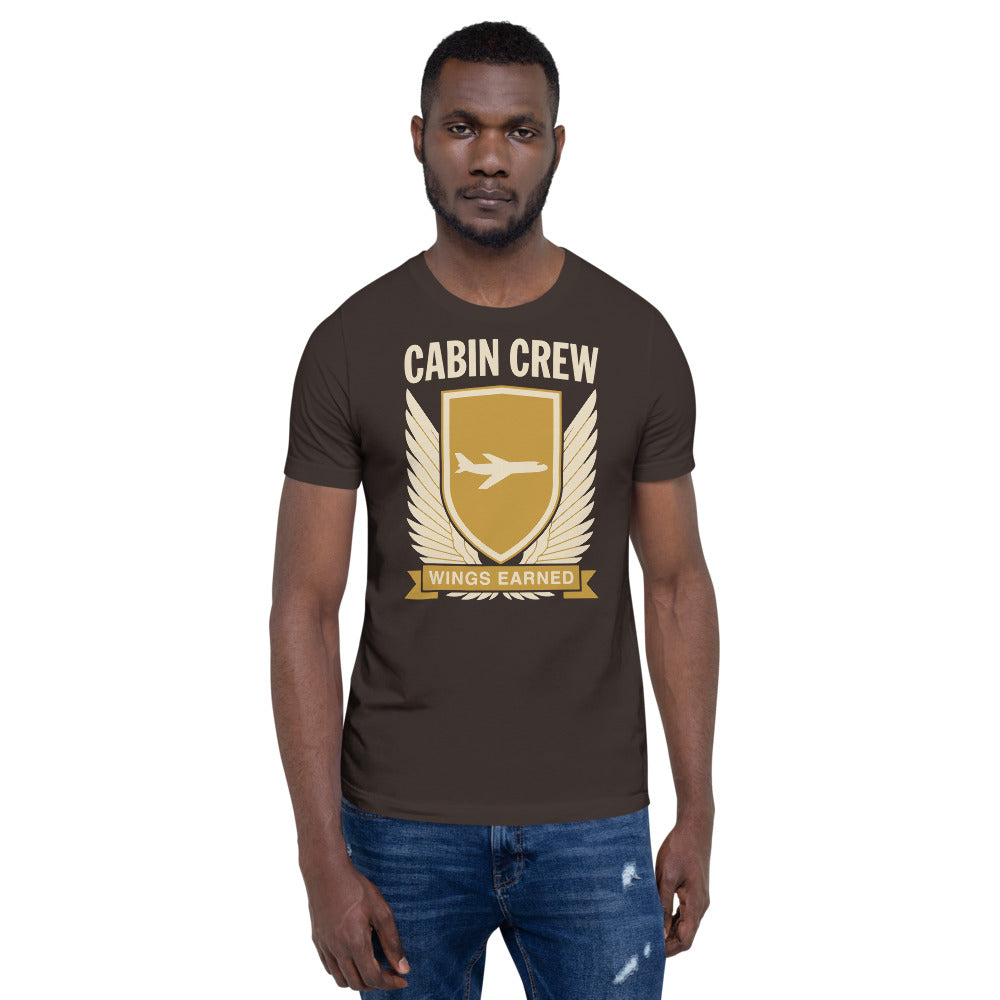 Wings Earned flight attendant tee — Brown, on model