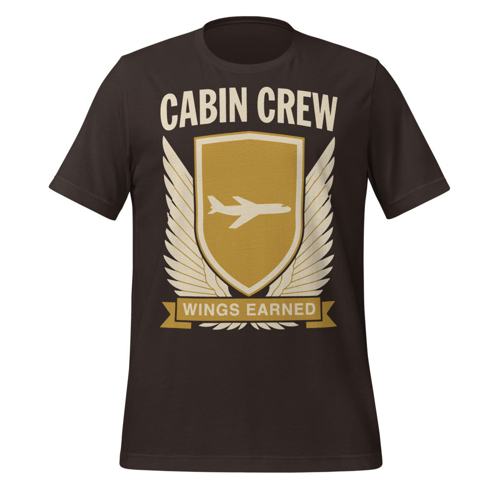Wings Earned flight attendant tee — Brown, front