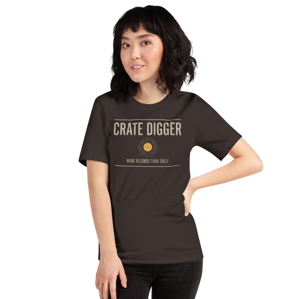 Crate Digger vinyl record tee — Brown, on model