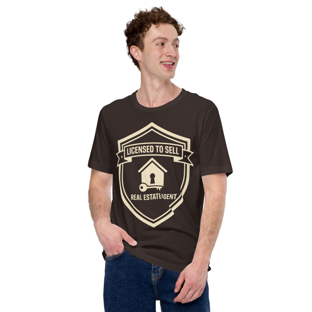 Licensed to Sell real estate agent tee — Brown, on model