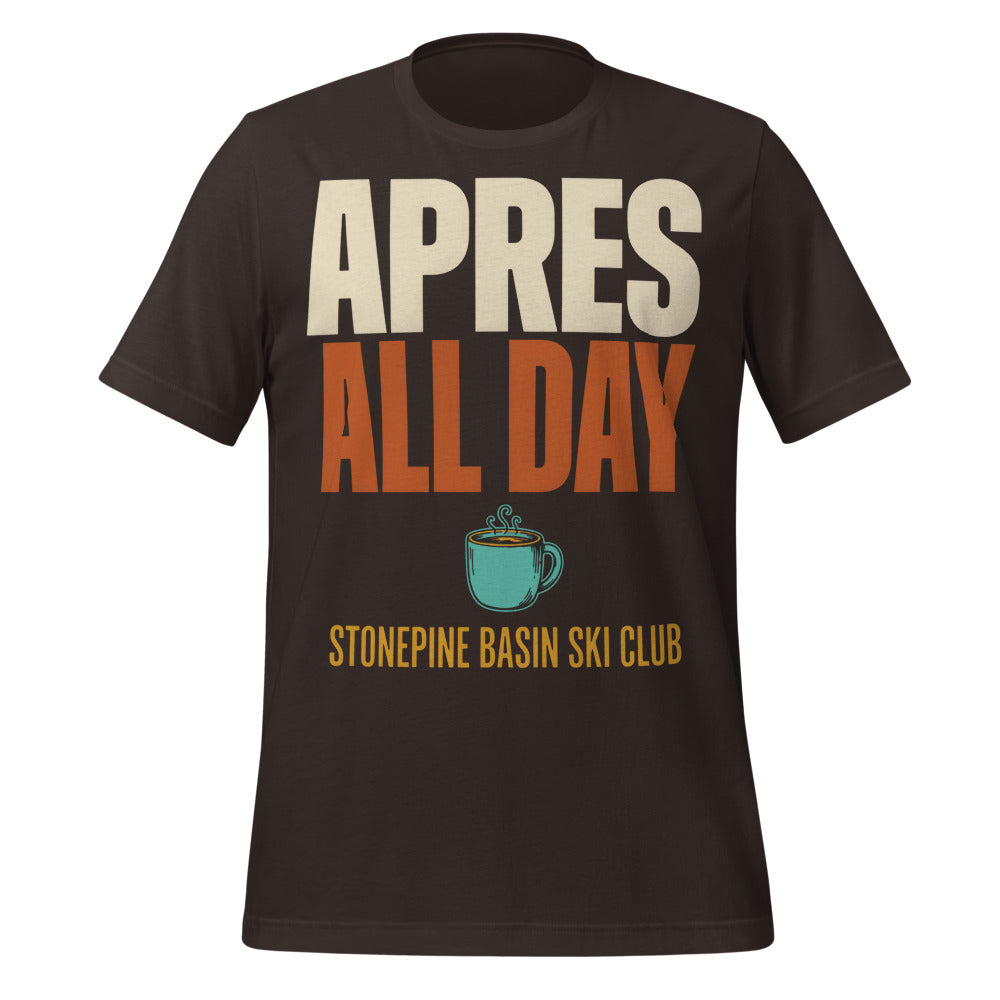 Après All Day Stonepine Basin Ski Club retro apres-ski t-shirt — Brown, front