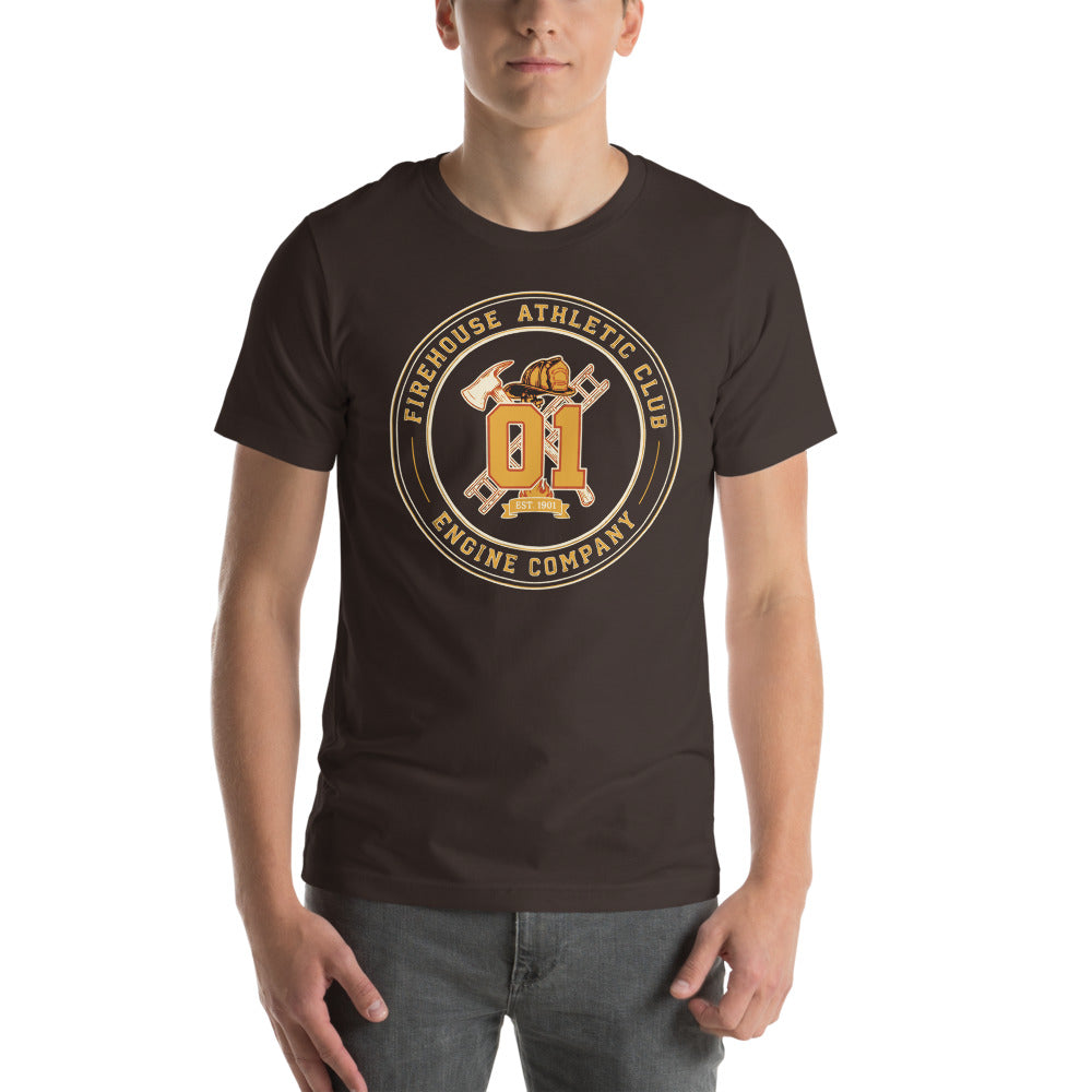 Firehouse Athletic Club retro firefighter emblem tee — Brown, on model