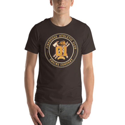 Firehouse Athletic Club retro firefighter emblem tee — Brown, on model