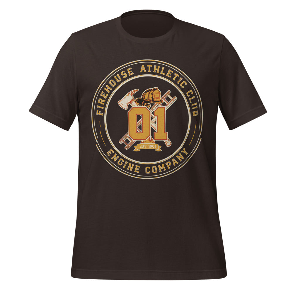 Firehouse Athletic Club retro firefighter emblem tee — Brown, front