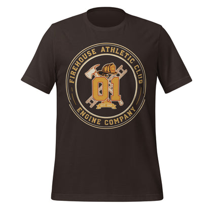 Firehouse Athletic Club retro firefighter emblem tee — Brown, front