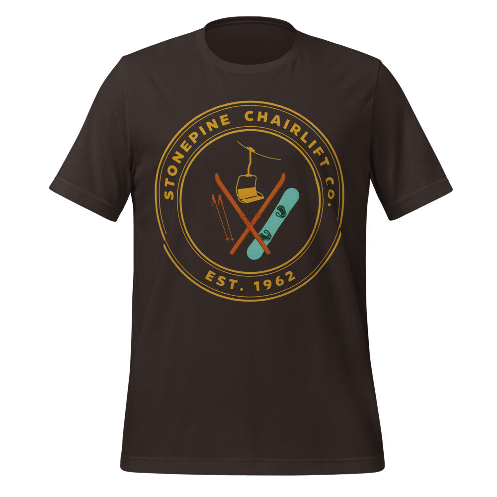 Stonepine Chairlift Co. retro vintage ski club badge t-shirt — Brown, front