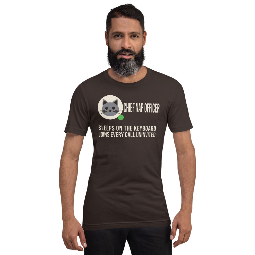 Chief Nap Officer cat profile card unisex t-shirt — Brown, on model