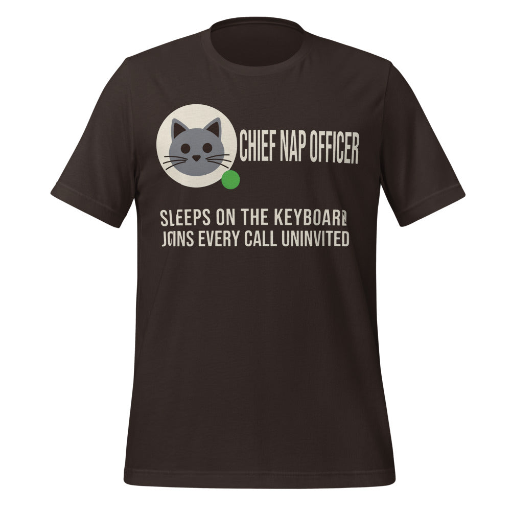 Chief Nap Officer cat profile card unisex t-shirt — Brown, front