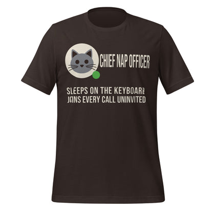Chief Nap Officer cat profile card unisex t-shirt — Brown, front