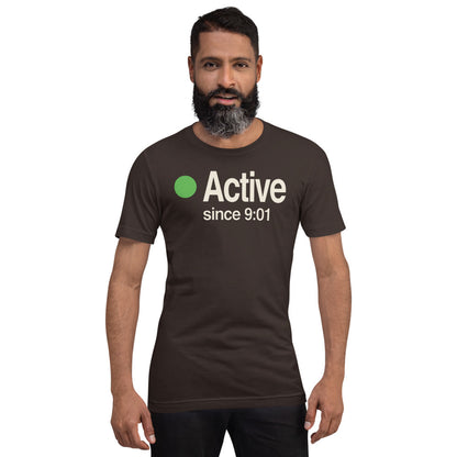 Active Since 9:01 presence status unisex t-shirt — Brown, on model