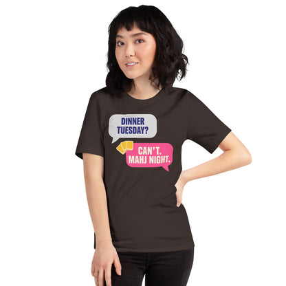 Mahj Night funny mahjong tee — Brown, on model