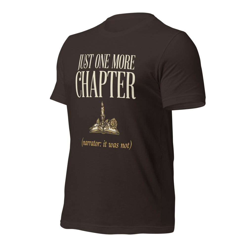 Just One More Chapter book lover dark academia tee — Brown, front right