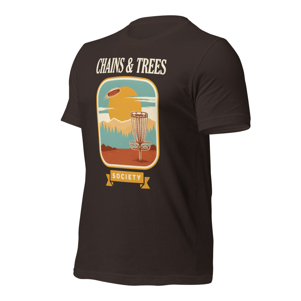 Chains & Trees Society disc golf retro landscape tee — Brown, front right