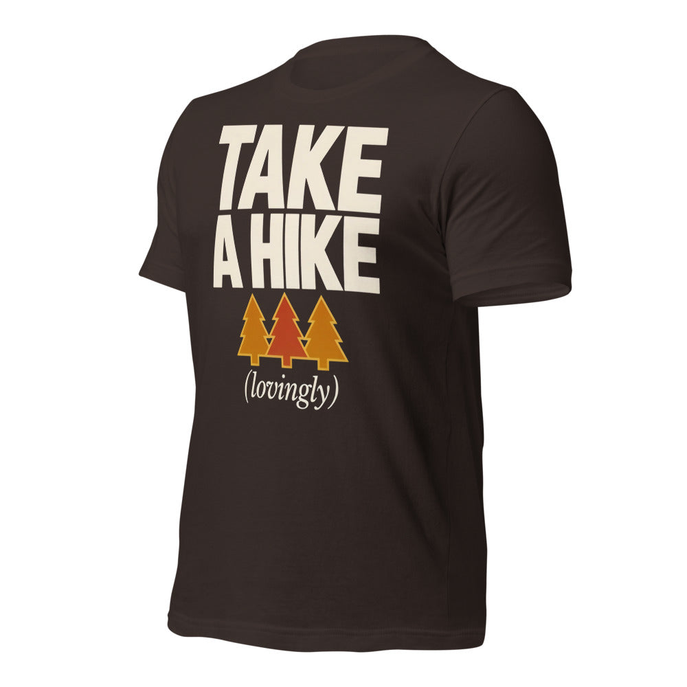 Take a Hike retro outdoors humor typography tee — Brown, front-right