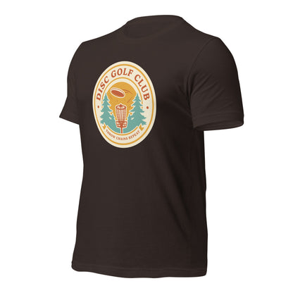 Disc Golf Club retro badge tee — Brown, front-right