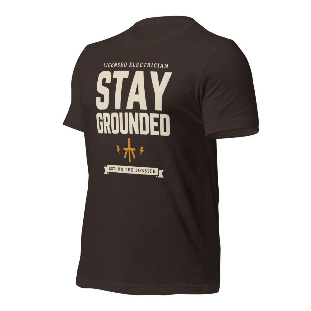 Stay Grounded funny electrician tee — Brown, front-right