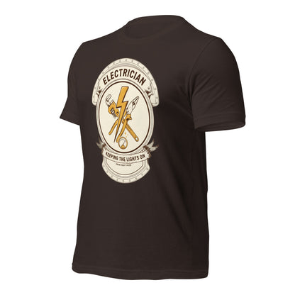 Electrician Journeyman trade crest tee — Brown, front-right