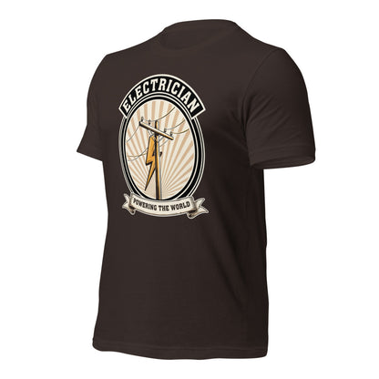 Powering The World electrician emblem tee — Brown, front-right