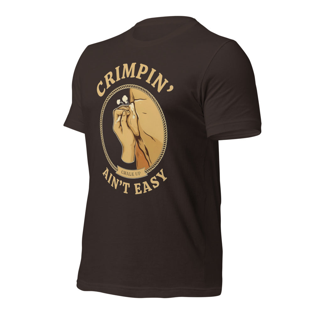 Crimpin' Ain't Easy bouldering badge t-shirt — Brown, front-right