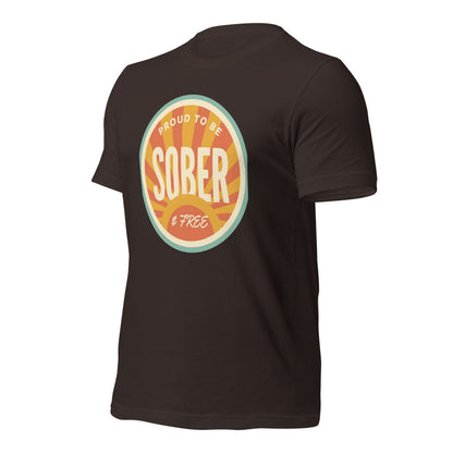 Sober & Proud retro sunburst tee — Brown, front-right