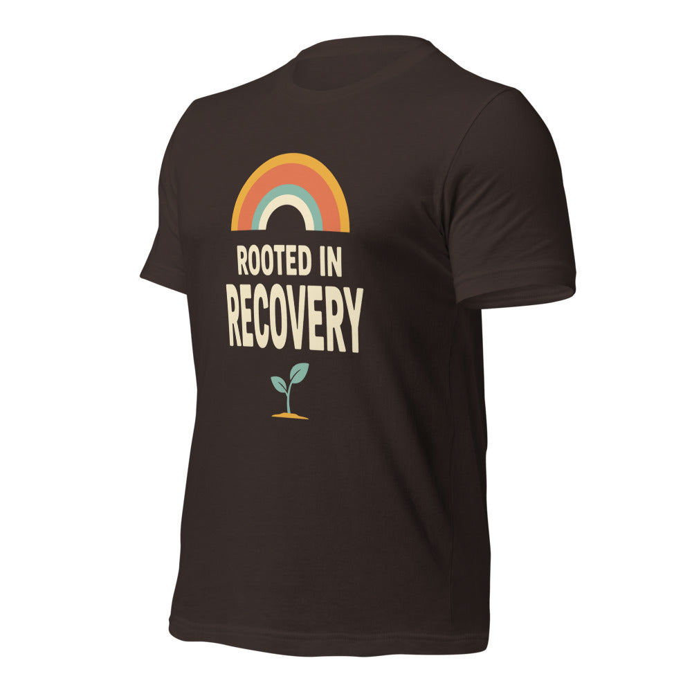 Rooted in Recovery retro rainbow tee — Brown, front-right