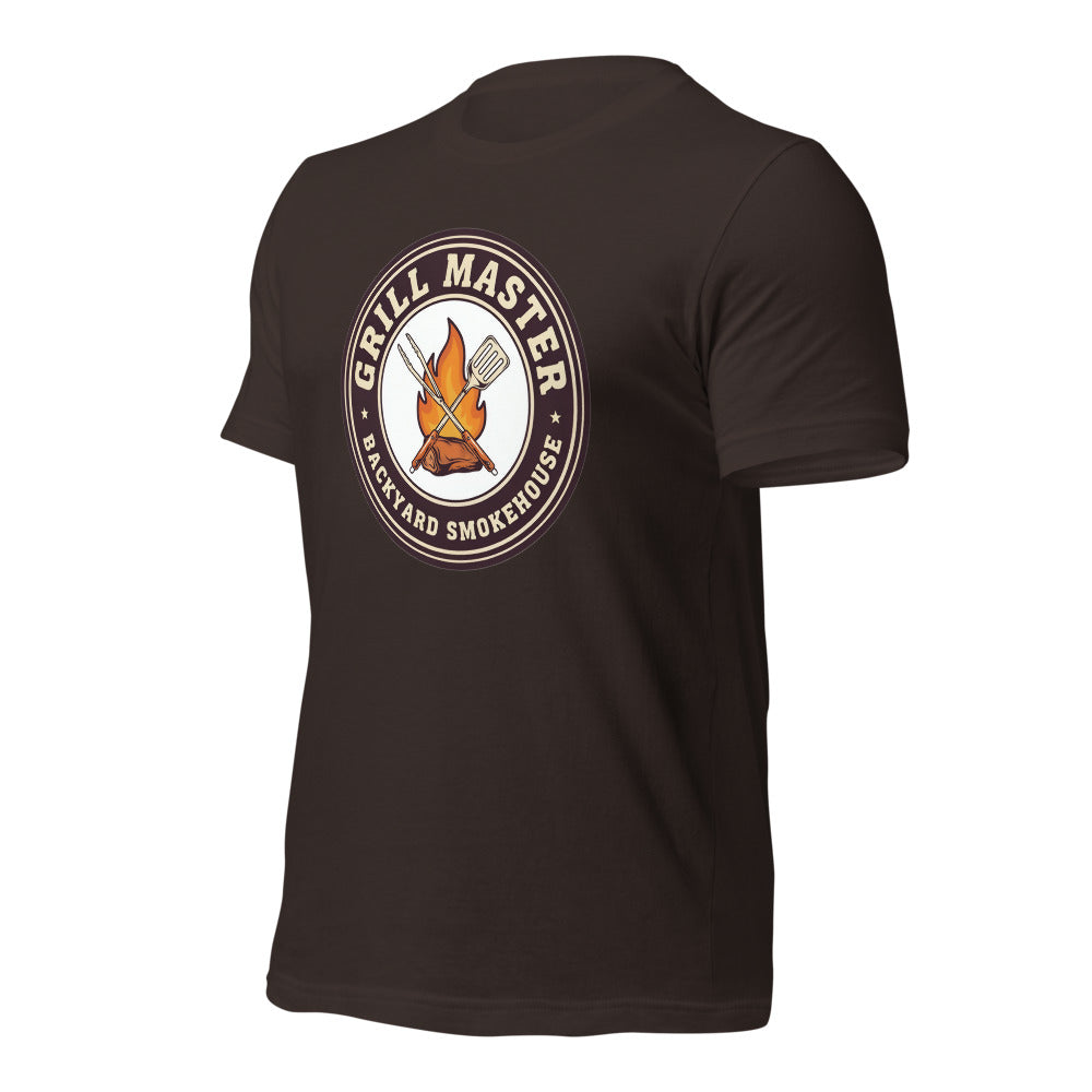 Grill Master retro backyard smokehouse tee — Brown, front-right