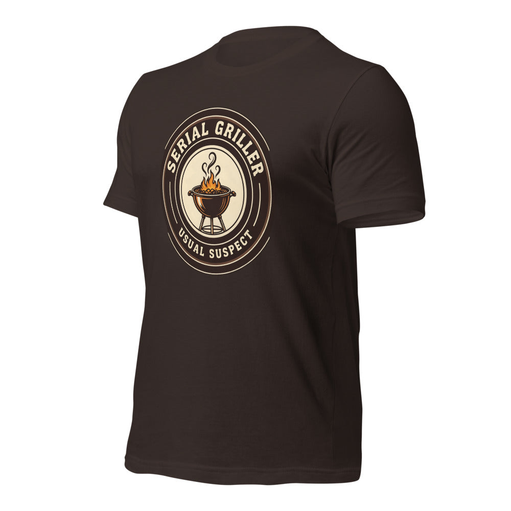 Serial Griller funny BBQ tee — Brown, front-right