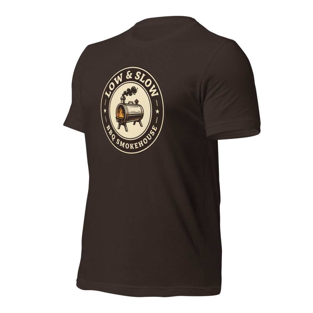 Low & Slow BBQ smoker tee — Brown, front-right