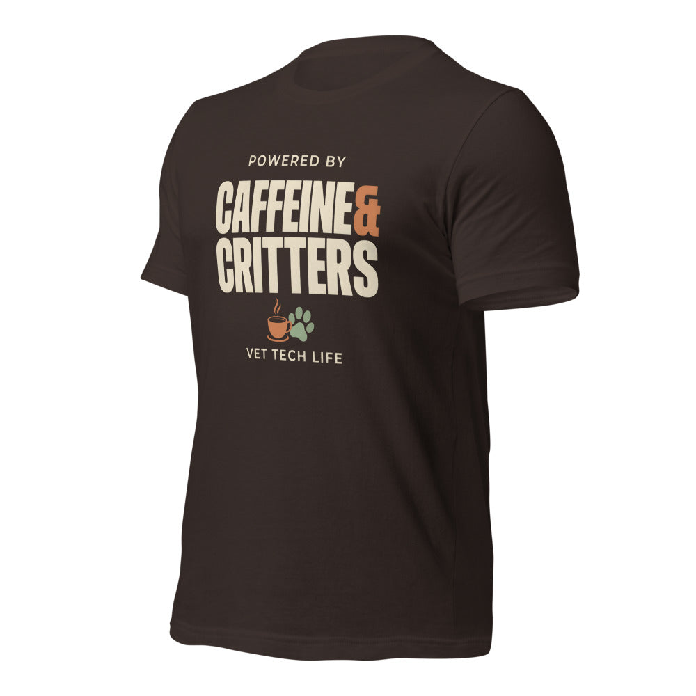 Powered by Caffeine & Critters funny vet tech tee — Brown, front-right
