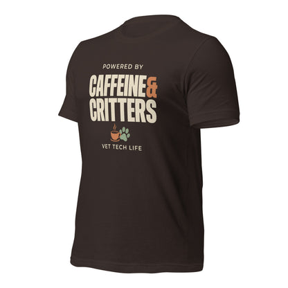 Powered by Caffeine & Critters funny vet tech tee — Brown, front-right