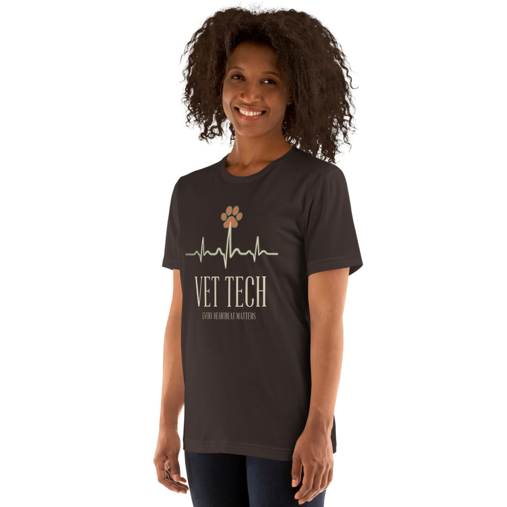 Every Heartbeat Matters minimalist vet tech tee — Brown, on model